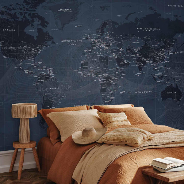 Carta da parati - World map in blue - continents with inscriptions in English