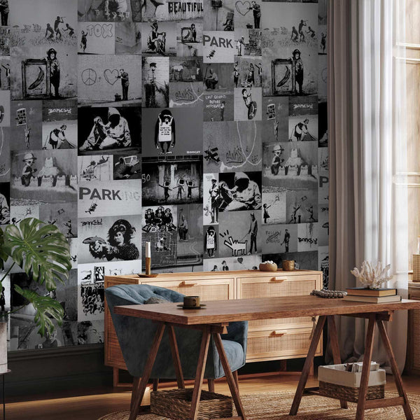 Tappezzeria murale - Banksy - grey collage
