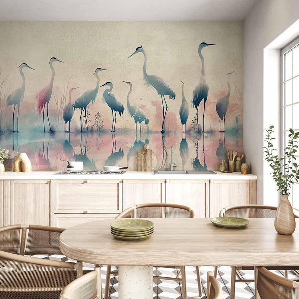 Carta da parati - Birds by the lake - herons painted in watercolour in delicate grey and pink colours