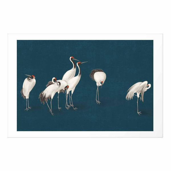 Poster - Evening at the Pond - group of cranes drawn in dry pastel on a dark turquoise background