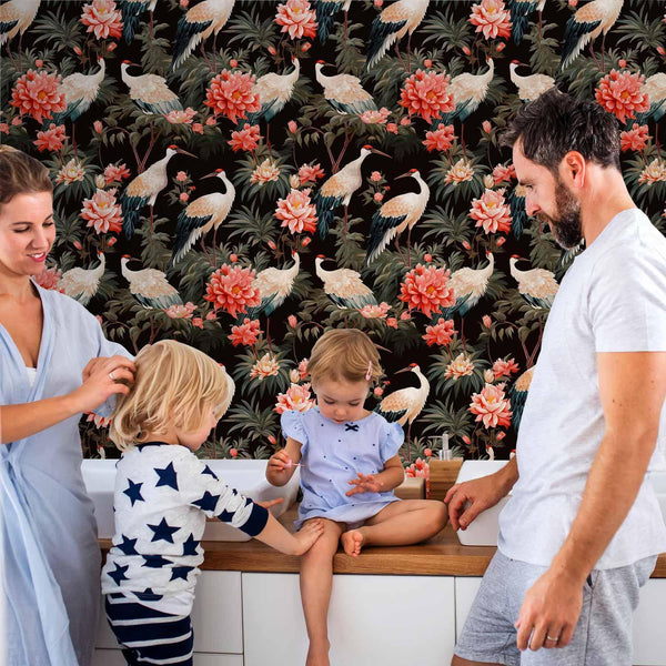 Tappezzeria murale - Ornament with birds - silhouettes of cranes and peony flowers on a dark background