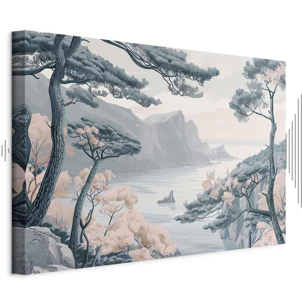 Quadro - Mountainous Coast with Trees and Rocks in Light Pastel Blues