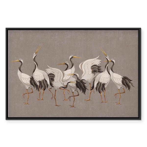 Quadro - Crane dance – bright silhouettes of birds against a warm grey background with texture
