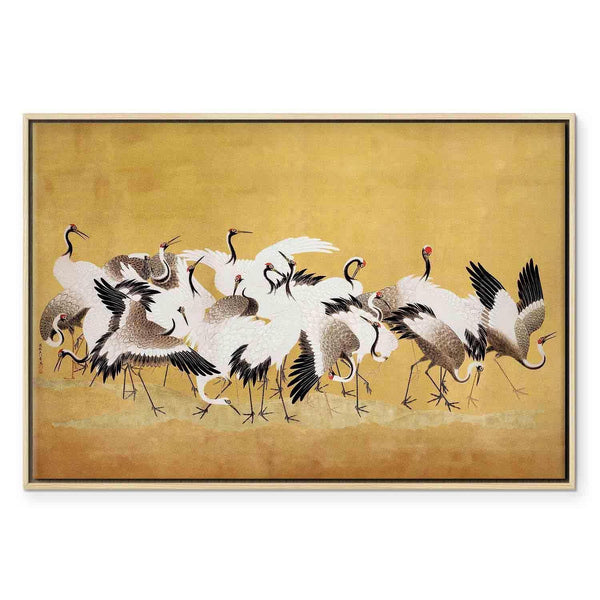 Quadro - Japanese cranes - a flock of birds against a golden background based on a painting by Ishida Yūtei