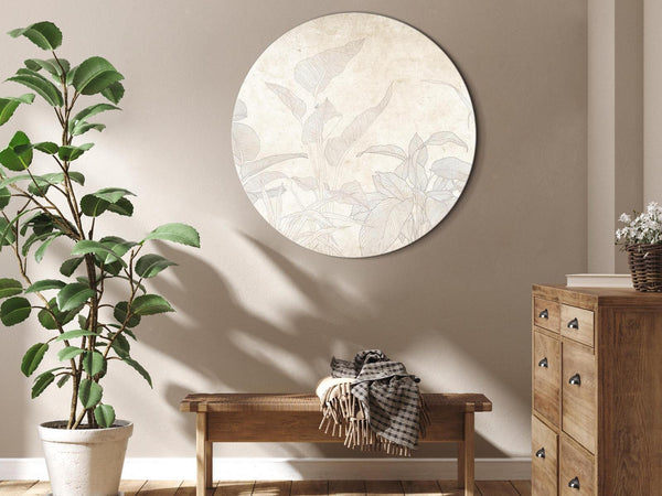 Quadro rotondo - Muted exotic greenery - Delicate outlines of tropical shrubs on beige and sand background