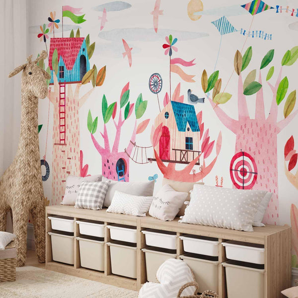 Carta da parati - Painted tree houses - a colourful fantasy with kites for children