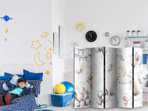 Paravento - Plush Bears with Balloons - Flying Light-Brown Bears Among Balloons - Clouds - and Rainbows in Subdued - Pastel Hues