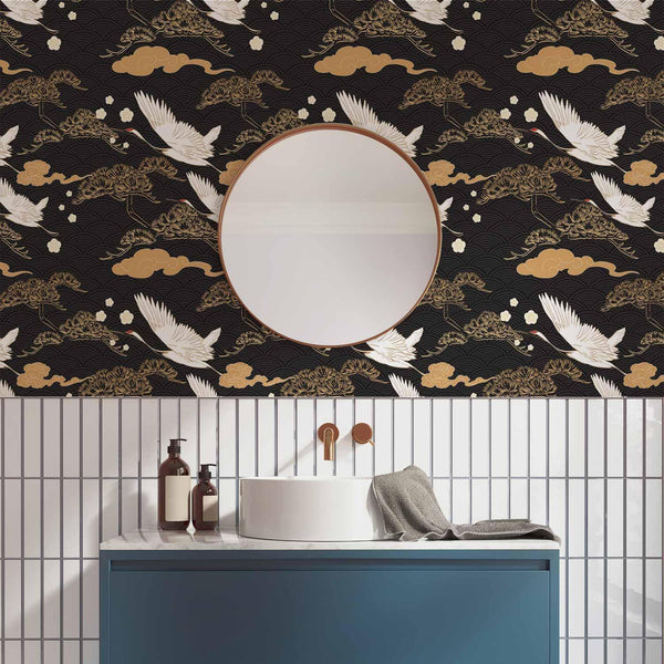Tappezzeria murale - Oriental impressions - decorative pattern with a motif of flying cranes on a dark background
