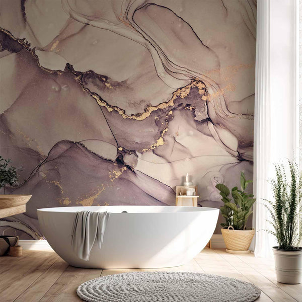 Carta da parati - Watercolour Abstraction - Powder Pink Marble With Gold Accents