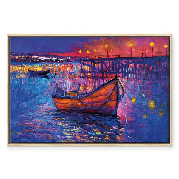 Quadro - Modern impressionism - night landscape of a lake with a floating boat