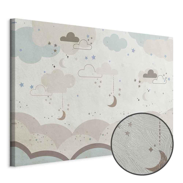 Quadro - Cloudy Night Sky - Moons in Brown and Beige Hues Among Clouds and Numerous Little Stars on a Light Background