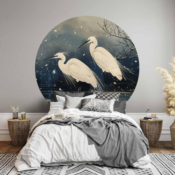 Carta da parati rotondi - Herons over a winter pond - Japanese-style illustration in dark colours