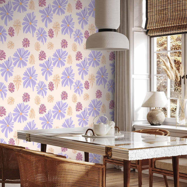 Tappezzeria murale - Floating Flowers - Tiny - wind-borne flowers in three colors - on a light background