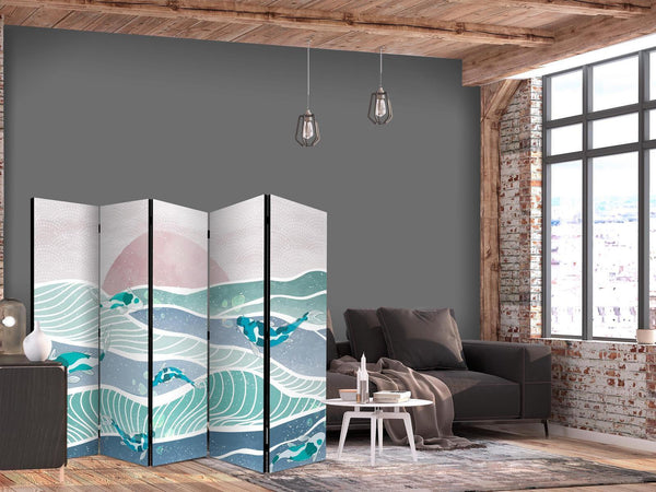 Paravento - Picturesque Landscape With Fish - Sunset And Koi Fish in Shades of Turquoise And Blue Floating Above The Water