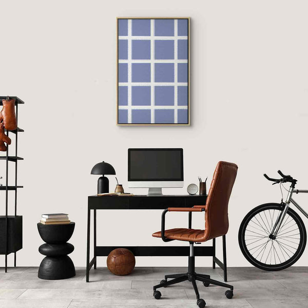 Quadro - Lines and Symmetry - Expressive White Grid on a Blue Background