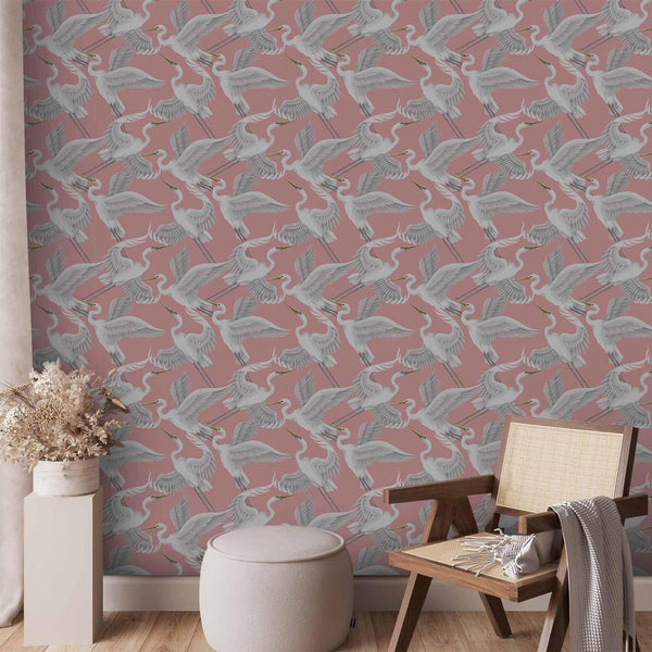 Tappezzeria murale - Pastel birds – a delicate pattern of white and grey herons on a light pink background