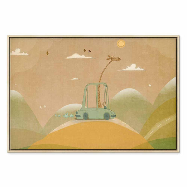 Quadro - Dreamy Traveler - A Cheerful Giraffe Driving a Car on a Sunny Day