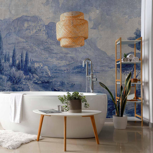 Carta da parati - Blue Bay - Italian landscape of Lake Como painted with blue ink