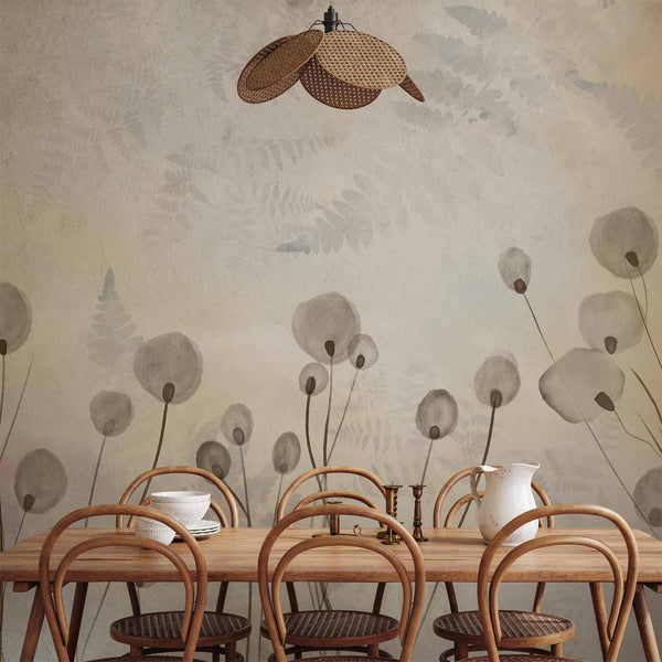 Carta da parati - Minimalist meadow - floral motif in light shades with reflections