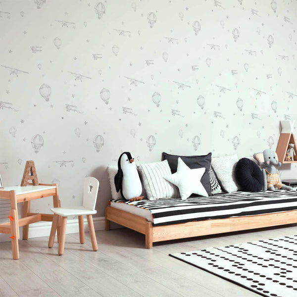 Tappezzeria murale - Watercolor - Airplanes and balloons painted on a white sky background