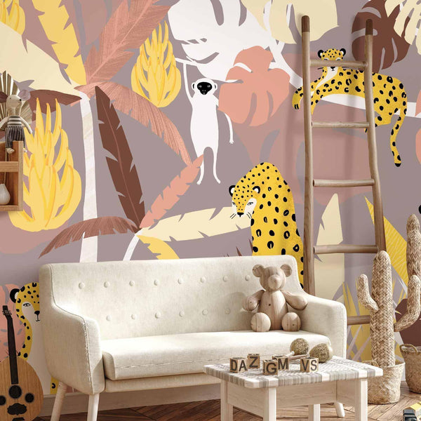 Carta da parati - Cheetahs in the jungle - landscape with exotic animals with palm trees for children