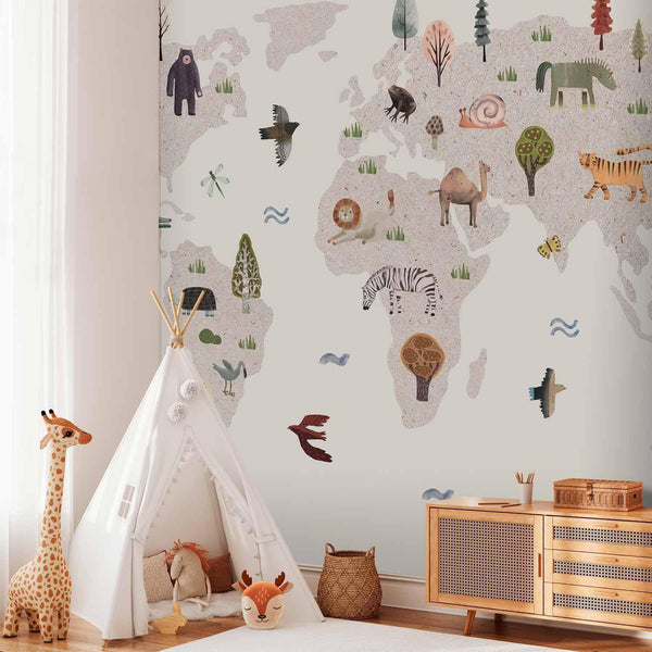 Carta da parati - Beige World - Continents With Animals in Muted Colours