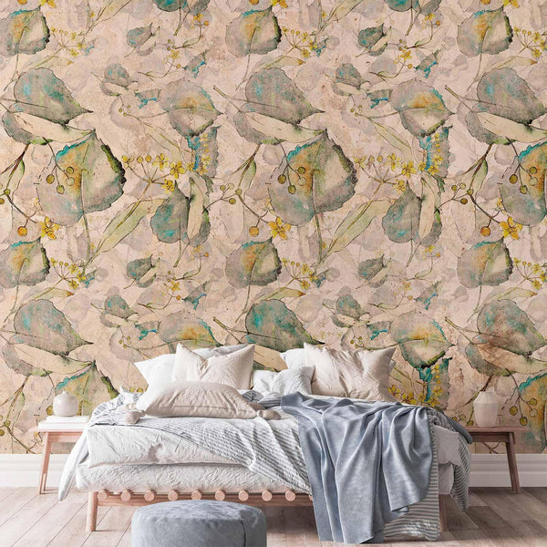 Carta da parati - Green and yellow autumn souvenirs - floral design with leaves