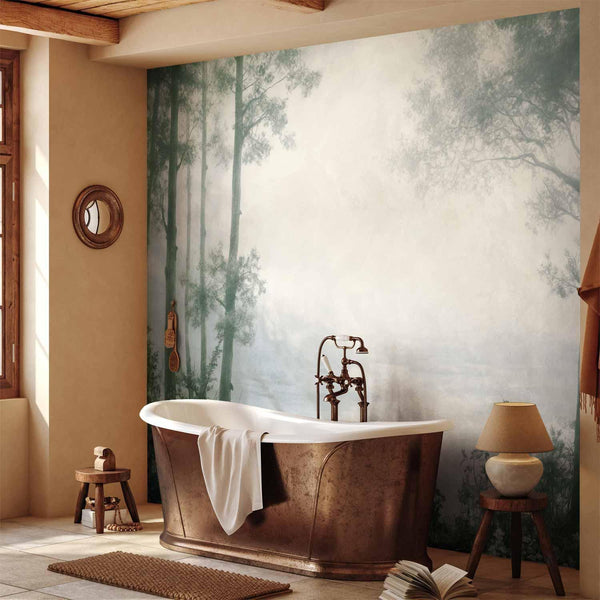 Carta da parati - Retro Landscape - Grove Trees and Pond in Patinated Shades of Green