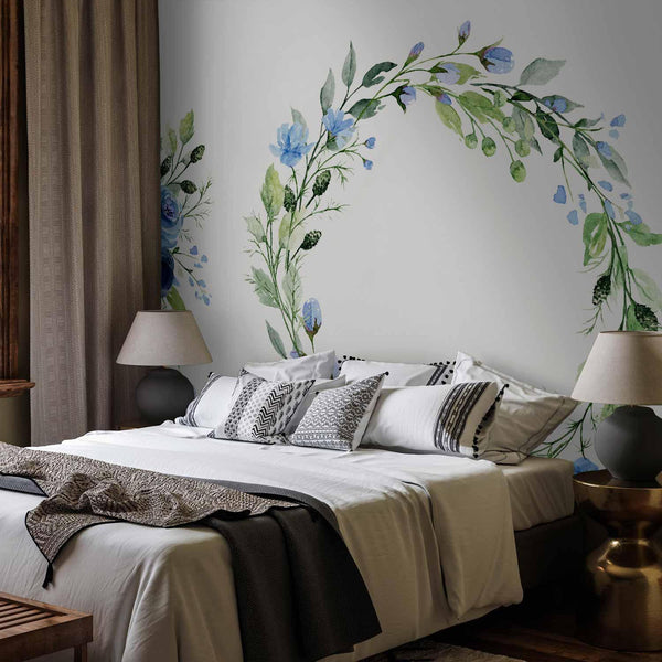 Carta da parati - Romantic wreath - plant motif with blue flowers and leaves