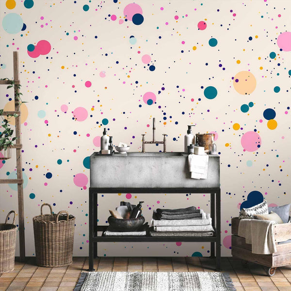 Carta da parati - Dots Speckles and Splatters Multicolored Cheerful Pattern on a Light Pink Background