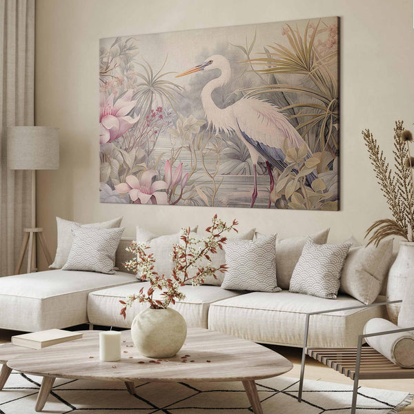 Quadro XXL - Heron wading in a pond - illustration in bright colours