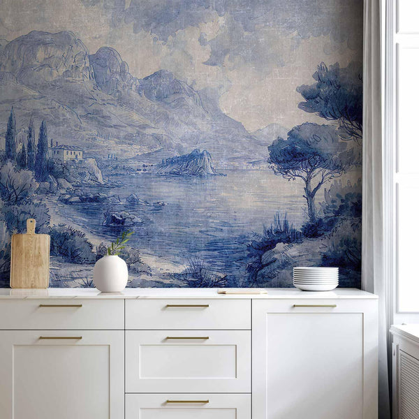 Carta da parati - Blue Bay - Italian landscape of Lake Como painted with blue ink