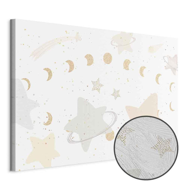 Quadro - Fairy-Tale Galaxy - Phases of the Moon in Yellow Tones Among Stars in Beige and Ash Colors with Stardust