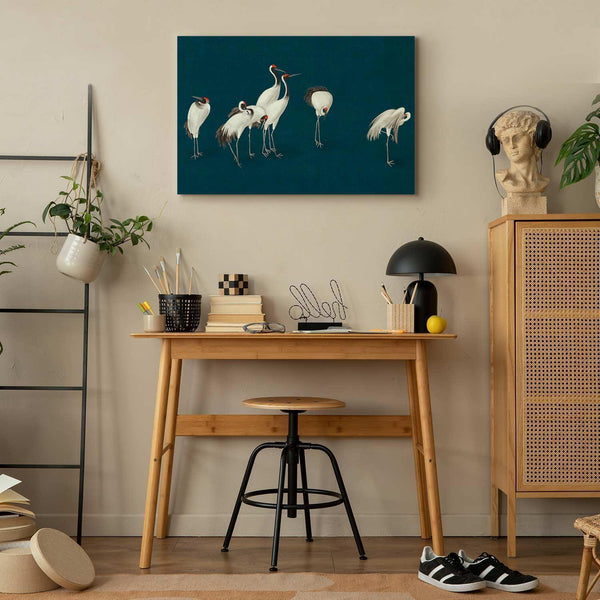 Quadro - Evening by the pond - a group of cranes drawn in dry pastel on a dark turquoise background