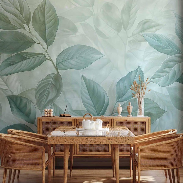 Carta da parati - Large Leaves in Shades of Green-Mint: Botanical Motif
