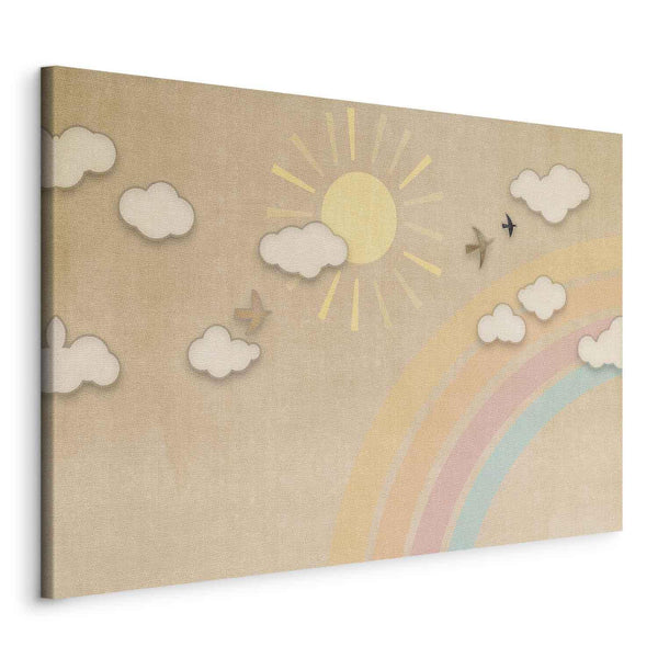 Quadro - Holiday Sky - Sunny Day with a Rainbow and Flying Birds