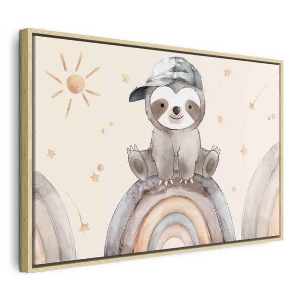 Quadro - Happy Sloth - Sloth in Subdued Colors Wearing a Cap Sitting on a Rainbow Among Little Stars