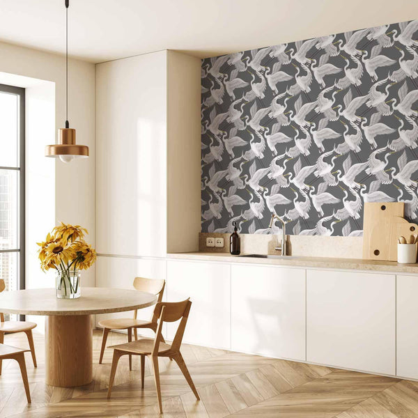 Tappezzeria murale - Flying birds – a delicate pattern of white and grey herons on a grey background