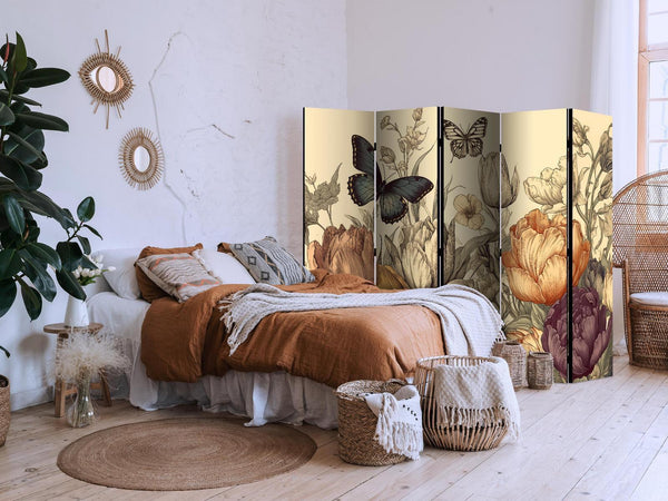 Paravento - Tulips in Cream - Illustration of Flowers and Butterflies on a Light Background