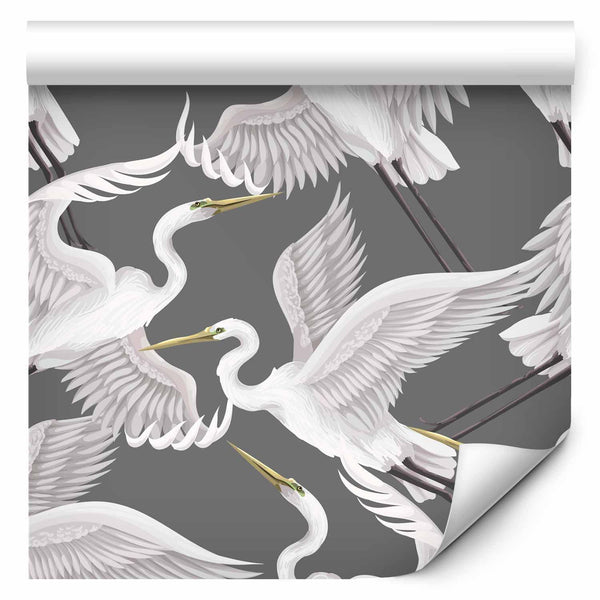 Tappezzeria murale - Flying birds – a delicate pattern of white and grey herons on a grey background