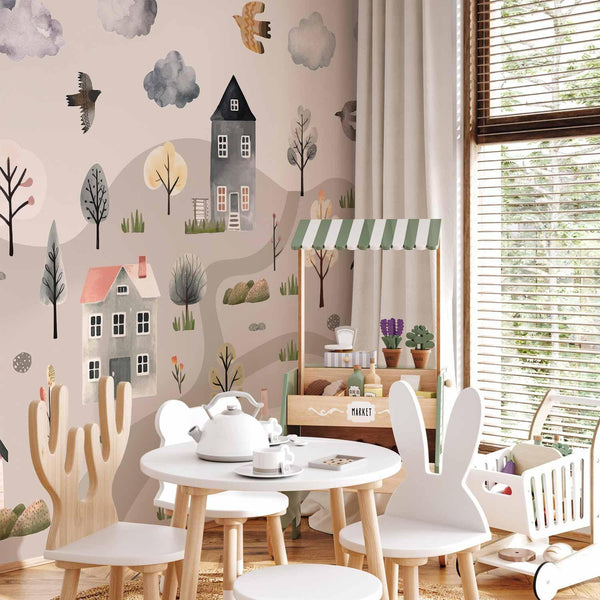 Carta da parati - Scandinavian Valley - Village in Pastel Colours Painted in Watercolours