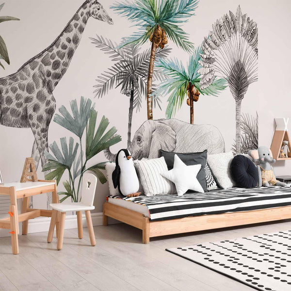 Carta da parati - Jungle Animals Wallpaper for Children's Room in Cartoon Style