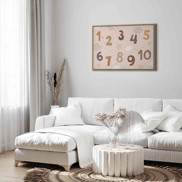 Quadro - Jumping Numbers - Numbers in a Subdued Beige-Brown Hue Among Snowflakes Stars and Clouds