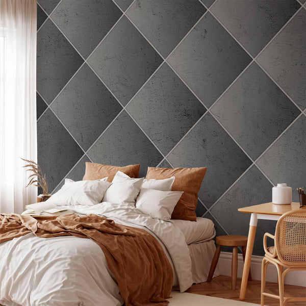 Carta da parati - Grey symmetry - geometric concrete pattern with white joints