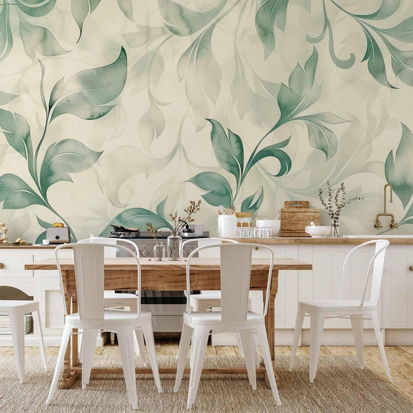 Carta da parati - Watercolor Botanical Motif Delicate Green-Beige Leaves