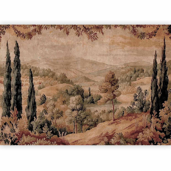 Carta da parati - Mediterranean landscape - old tapestry with a hill and a lake