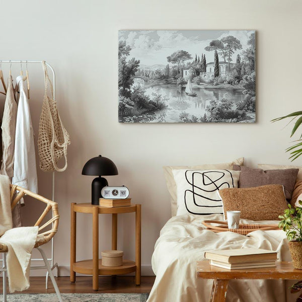 Quadro - Black and White Vintage Landscape Retro View of a Pond with a Boat