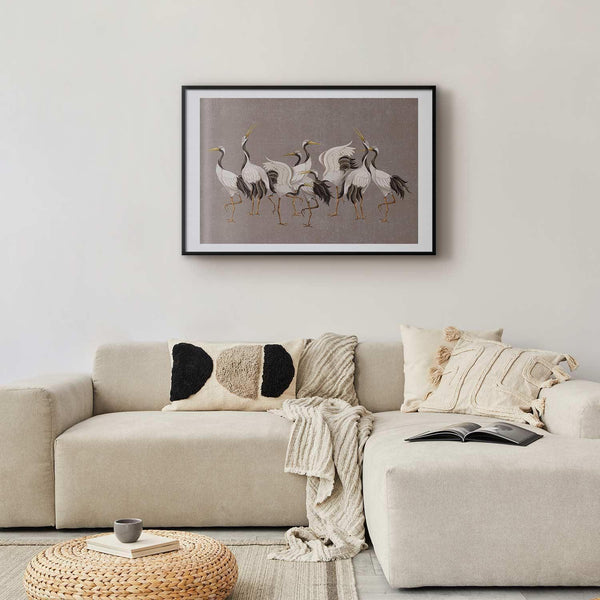 Poster - Crane Dance - light bird silhouettes on a warm-gray textured background