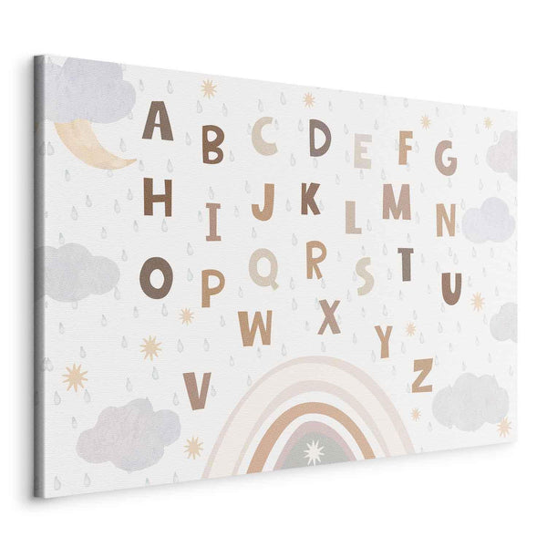 Quadro - Letters Above the Rainbow - Letters Among Streams of Rain and Clouds with a Rainbow Moon and Stars on a Light Background