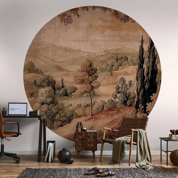 Carta da parati rotondi - Mediterranean landscape - old tapestry with a hill and a lake